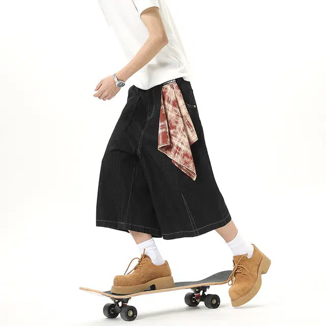 佐菲利 美式复古直筒阔腿牛仔短裤 男女同款