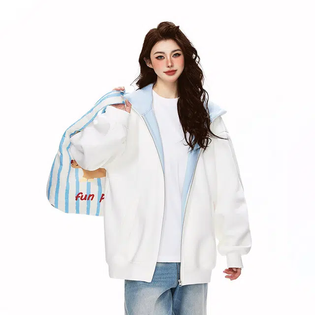 佐菲利 美式重磅撞色拉链连帽宽松潮牌设计感慵懒痞帅情侣开衫外套卫衣 男女同款