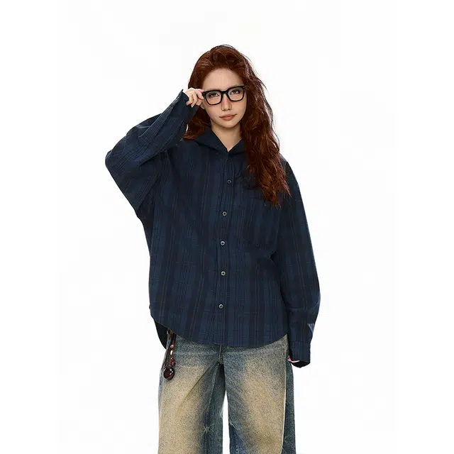 佐菲利 美式复古磨毛格子百搭休闲衬衣情侣工装外套衬衫 男女同款