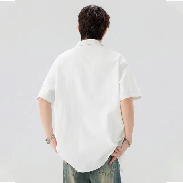 佐菲利 美式拼接宽松高级感痞帅翻领衬衣学院风休闲外套潮夏季短袖衬衫 男款