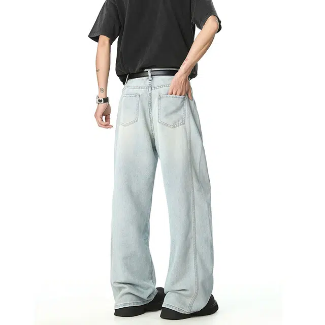 佐菲利 复古怀旧蓝天丝阔腿夏季薄款高腰垂感宽松褶皱直筒长裤子牛仔裤 男女同款