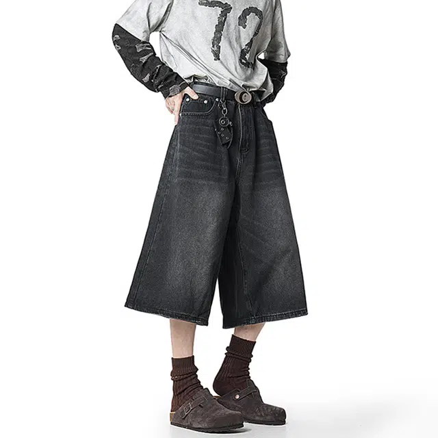 佐菲利 美式复古水洗七分潮牌高级感宽松阔腿直筒夏季牛仔短裤 男女同款