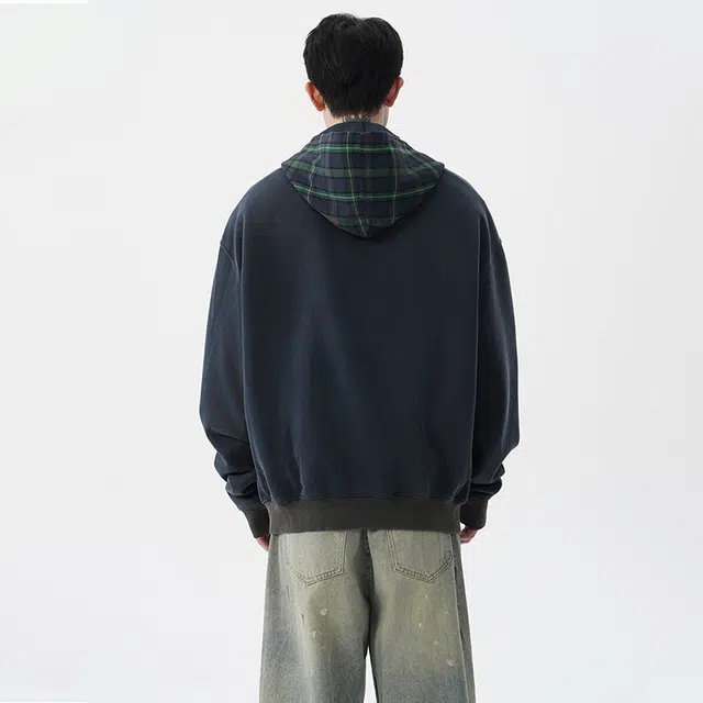 佐菲利 美式重磅拼接连帽卫衣设计感假两件格子帽衫外套夹克 男女同款
