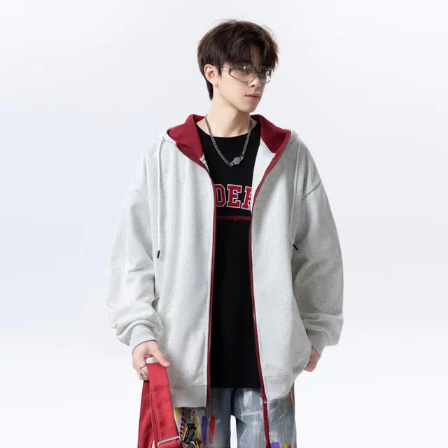 佐菲利 美式复古撞色拉链开衫潮牌宽松情侣休闲百搭连帽外套上衣卫衣 男女同款