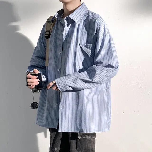 佐菲利 美式复古港风条纹长袖衬衣宽松百搭休闲薄款外套衬衫 男女同款