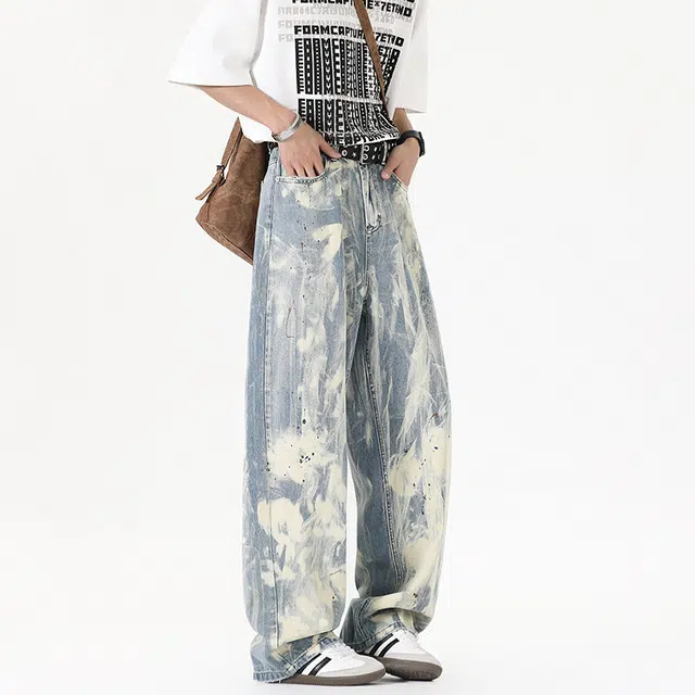 佐菲利 潮牌涂鸦美式复古做旧扎染高街直筒牛仔裤 男女同款