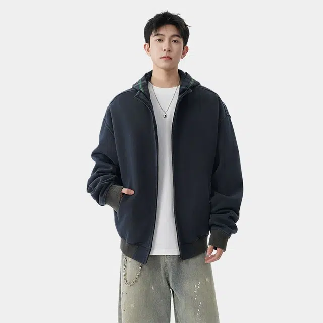 佐菲利 美式重磅拼接连帽卫衣设计感假两件格子帽衫外套夹克 男女同款