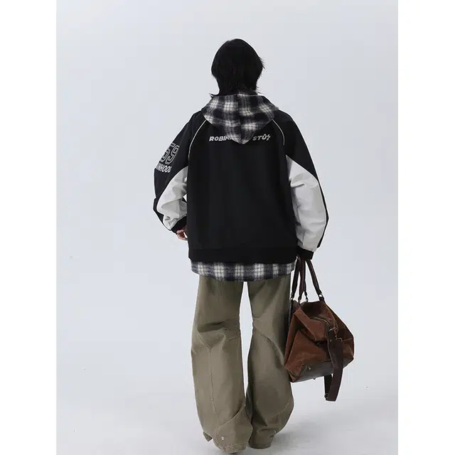 佐菲利 连帽假两件格子小众设计感拼接撞色美式高街字母夹克外套 男女同款
