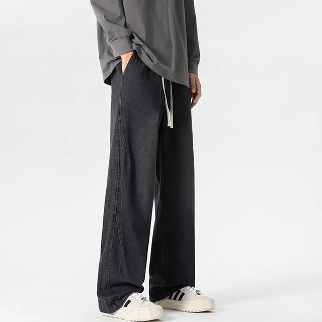 佐菲利 美式复古水洗松紧腰抽绳潮牌宽松百搭直筒休闲裤牛仔裤 男女同款