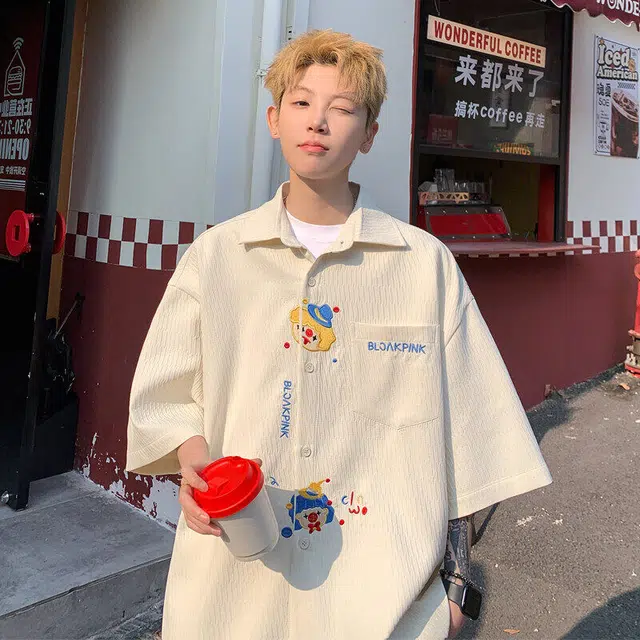 佐菲利 肌理感印花潮牌美式衬衣宽松透气五分袖外套夏季短袖衬衫 男女同款