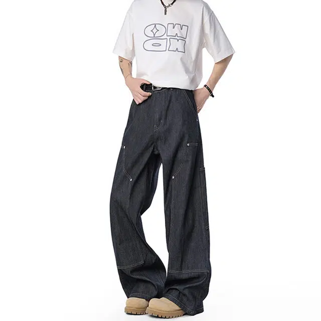 佐菲利 美式高街铆钉潮牌阔腿宽松舒适牛仔裤 男女同款