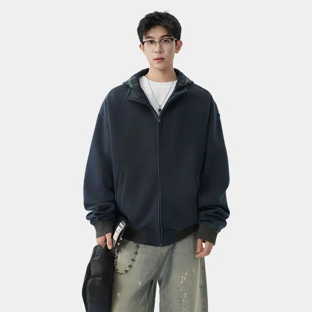 佐菲利 美式重磅拼接连帽卫衣设计感假两件格子帽衫外套夹克 男女同款