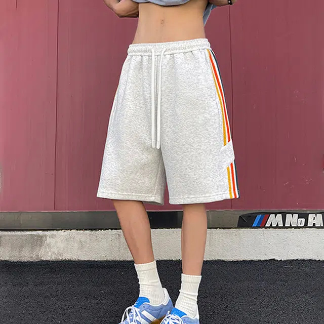 佐菲利 彩虹织带条纹拼接夏季小众痞帅高级感宽松质感阔腿休闲短裤 男款