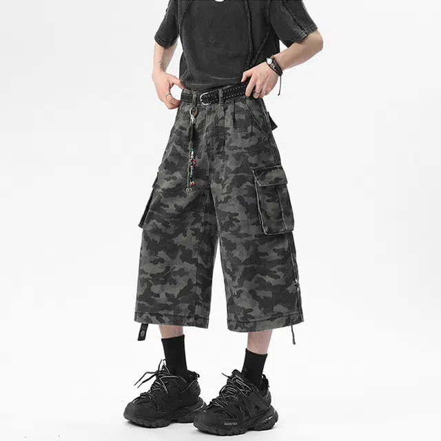 佐菲利 美式高街迷彩夏季重磅潮牌工装七分裤宽松阔腿运动中裤牛仔短裤 男女同款