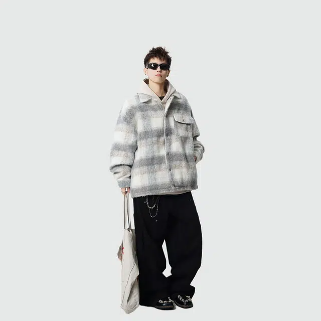 佐菲利 港风短款格子毛呢外套加厚韩版棉服痞帅翻领夹克大衣 男女同款