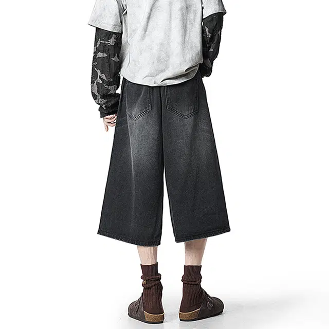 佐菲利 美式复古水洗七分潮牌高级感宽松阔腿直筒夏季牛仔短裤 男女同款