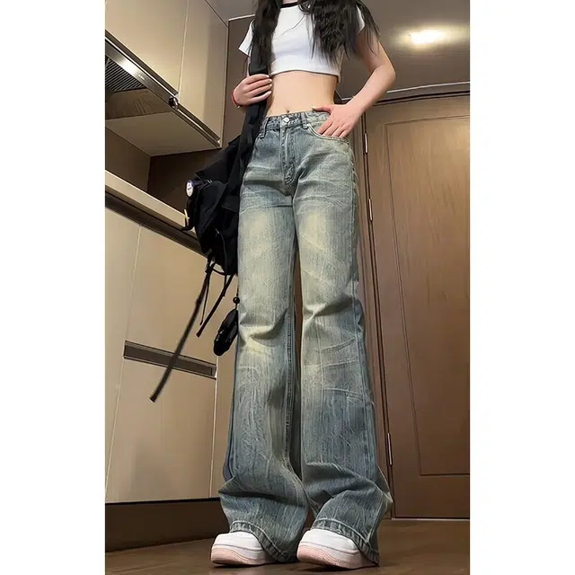 佐菲利 美式高街水洗做旧痞帅闪电纹设计直筒微喇潮流百搭牛仔裤 男女同款