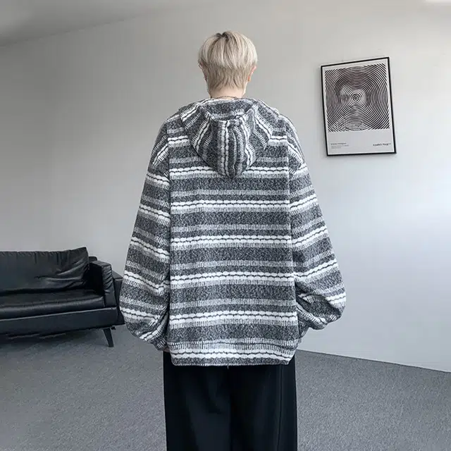 佐菲利 美式慵懒风条纹针织开衫重磅连帽休闲帽衫外套卫衣 男女同款