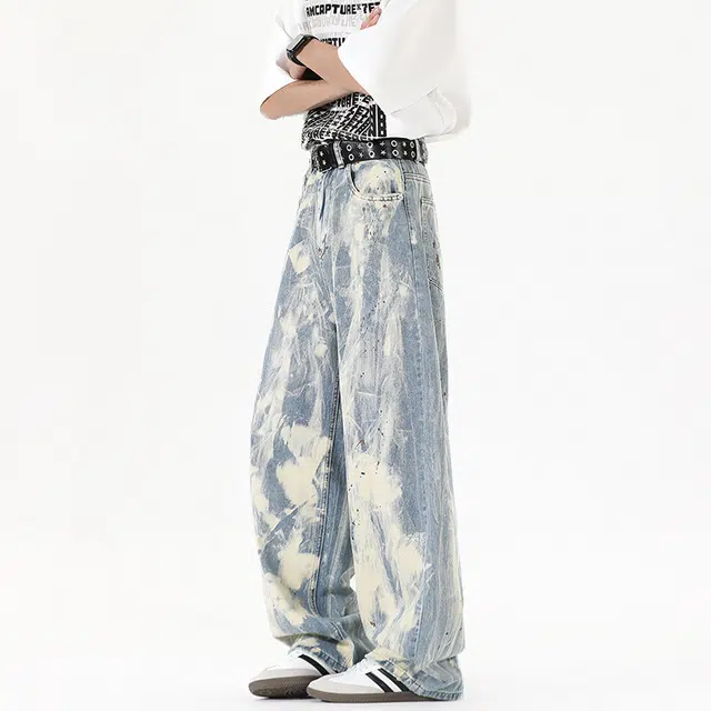 佐菲利 潮牌涂鸦美式复古做旧扎染高街直筒牛仔裤 男女同款