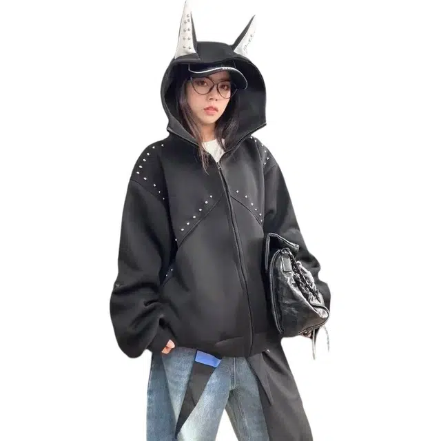 佐菲利 美式小众设计感铆钉拼接杜宾犬连帽宽松休闲百搭外套上衣卫衣 男女同款