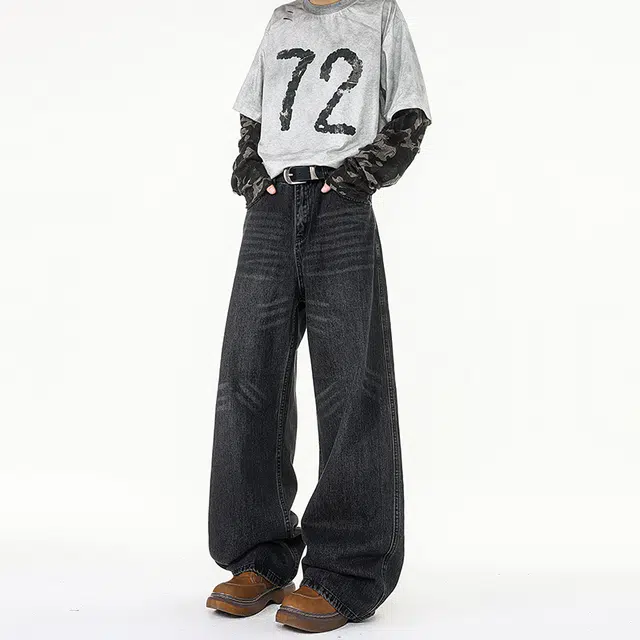 佐菲利 美式高街复古水洗潮牌宽松直筒百搭阔腿休闲长裤牛仔裤 男女同款