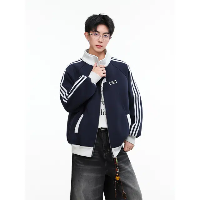 佐菲利  美式撞色拼接条纹运动夹克潮牌立领外套宽松开衫棒球服 男女同款