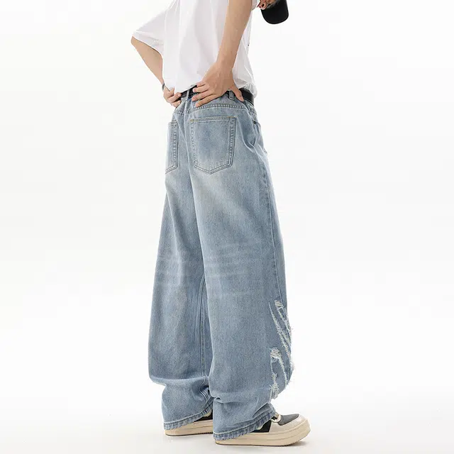 佐菲利 美式做旧破洞宽松松弛感直筒牛仔裤 男女同款