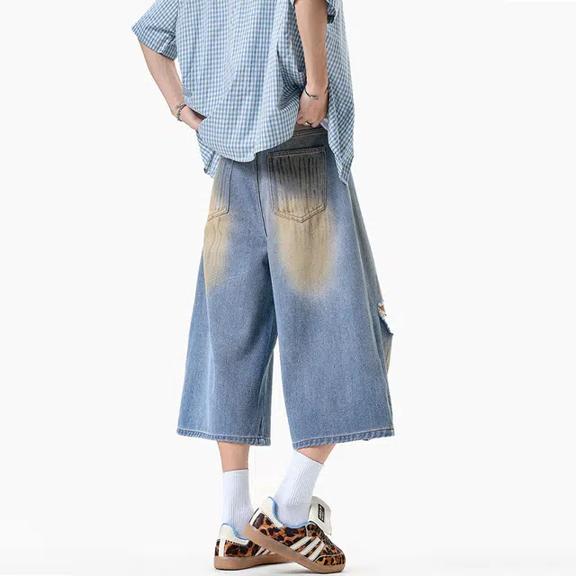 佐菲利 美式潮牌痞帅破洞水洗七分夏季直筒宽松阔腿裤子牛仔短裤 男女同款