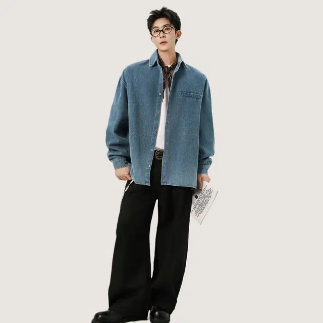 佐菲利 美式复古水洗做旧简约工装衬衫潮牌衬衣休闲上衣牛仔外套 男女同款