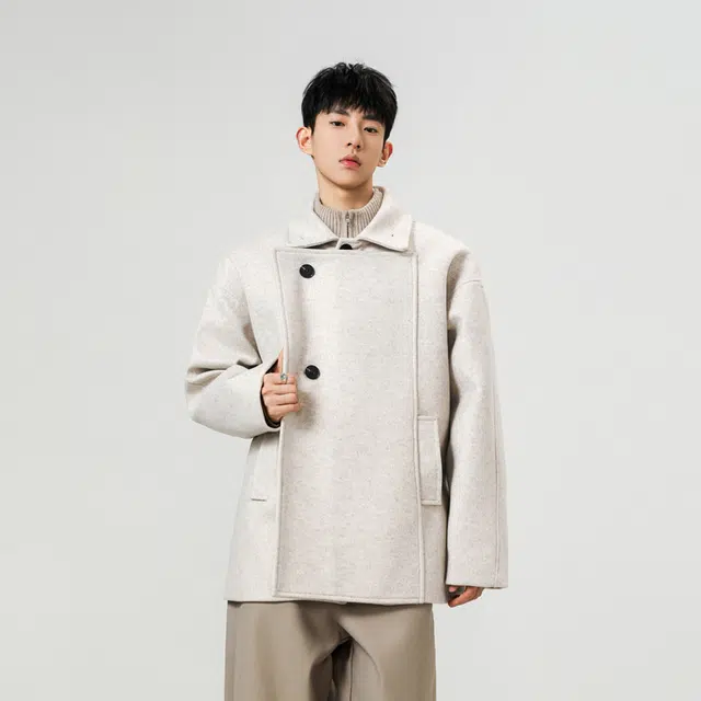 佐菲利 韩系雅痞风毛呢潮牌设计感短款外套宽松解构翻领大衣 男女同款