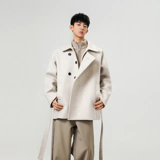 佐菲利 韩系雅痞风毛呢潮牌设计感短款外套宽松解构翻领大衣 男女同款