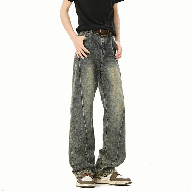 佐菲利 美式做旧复古高街宽松直筒牛仔裤 男女同款