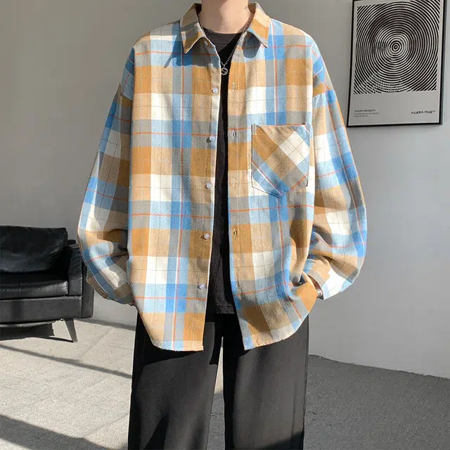 佐菲利 美式复古格子防晒街头风痞帅长袖衬衣小众设计感情侣外套衬衫 男女同款