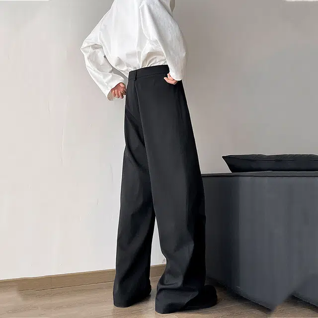 佐菲利 美式高街分割线拼接褶皱西裤宽松垂感纯色直筒休闲西装裤 男款