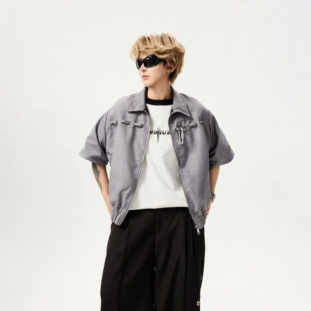 佐菲利 美式宽松百搭小众设计感短袖衬衫 男女同款 灰色