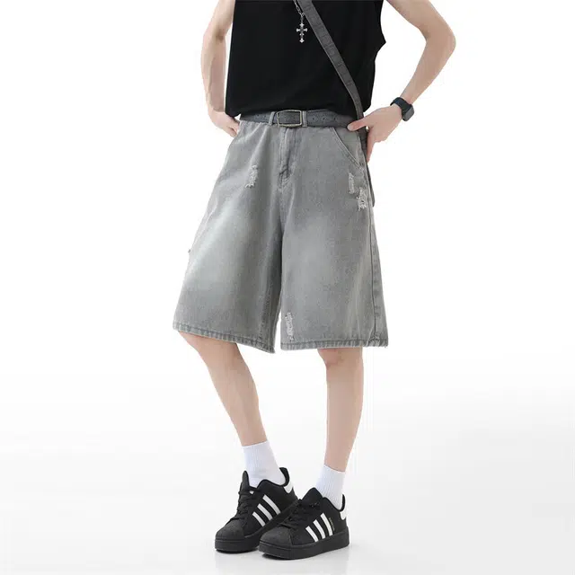 佐菲利 美式高街破洞潮牌宽松复古夏季五分牛仔短裤 男女同款