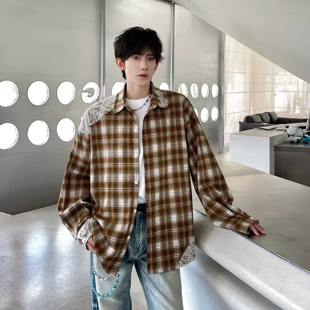 佐菲利 美式复古格子青少年撞色休闲上衣宽松百搭情侣外套衬衫 男女同款