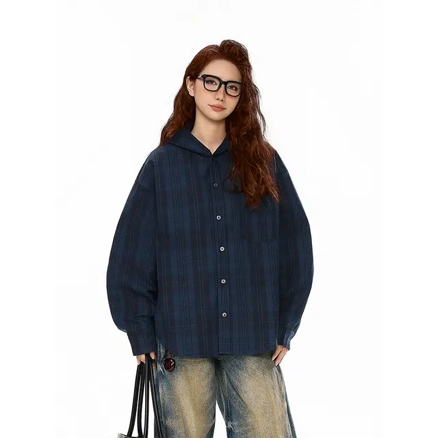 佐菲利 美式复古磨毛格子百搭休闲衬衣情侣工装外套衬衫 男女同款