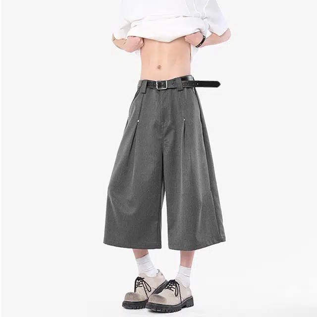 佐菲利 美式褶皱设计感西裤小众高街痞帅纯色廓形垂感显瘦七分裤休闲短裤 男款