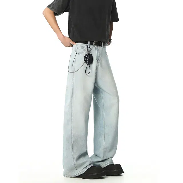 佐菲利 复古怀旧蓝天丝阔腿夏季薄款高腰垂感宽松褶皱直筒长裤子牛仔裤 男女同款