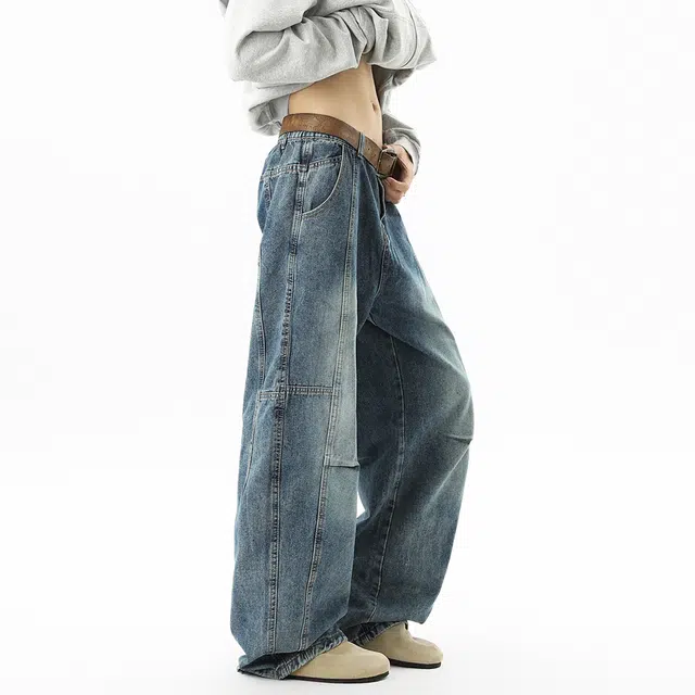 佐菲利 美式复古水洗拼接高街解构直筒长裤设计感做旧阔腿裤子牛仔裤 男女同款