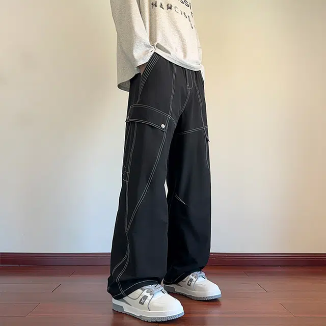 佐菲利 明线解构美式高街宽松小众设计感水洗直筒阔腿长裤牛仔裤 男女同款