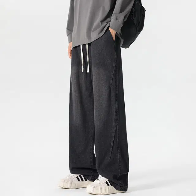 佐菲利 美式复古水洗松紧腰抽绳潮牌宽松百搭直筒休闲裤牛仔裤 男女同款
