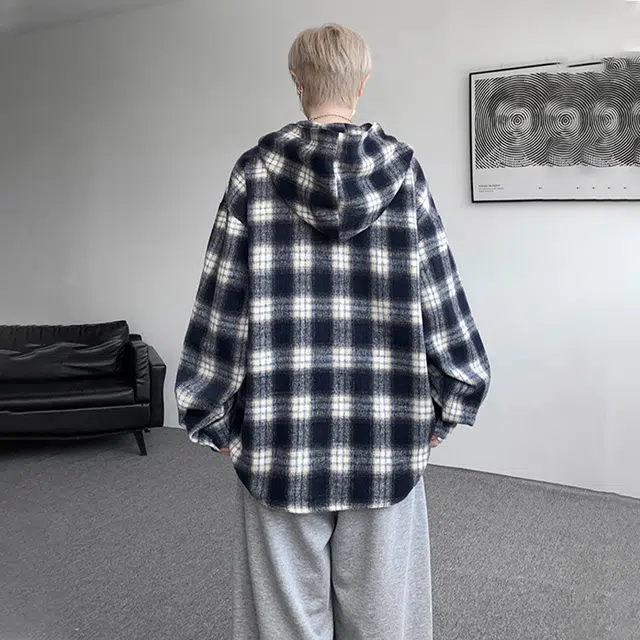 佐菲利 美式格子连帽宽松慵懒风衬衣痞帅高级感情侣毛呢外套衬衫 男女同款