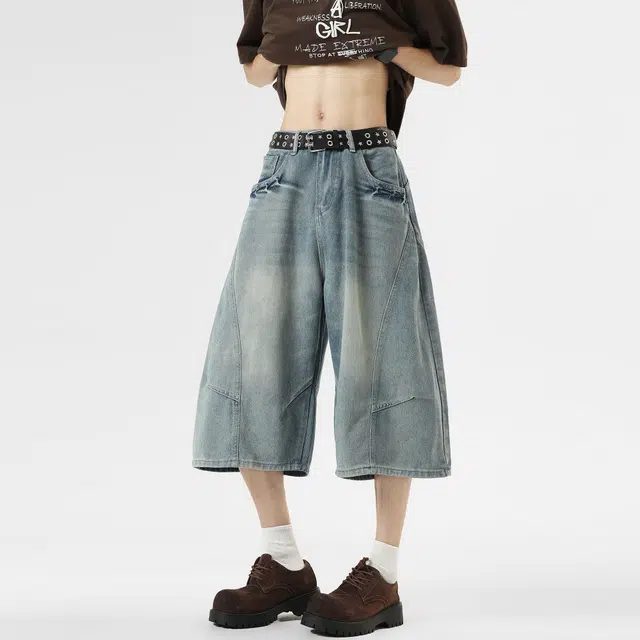 佐菲利 美式解构弯刀七分裤夏季宽松复古高级感直筒百搭阔腿牛仔短裤 男女同款