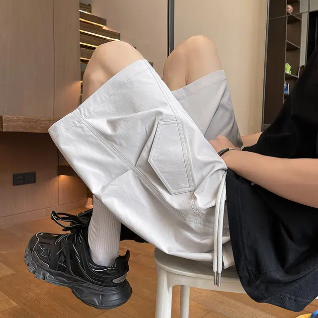 佐菲利 夏季薄款速干五分裤子美式高街褶皱设计感拼接宽松直筒休闲短裤 男款