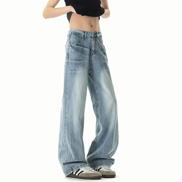 佐菲利 高街美式复古水洗做旧扎染宽松直筒牛仔裤 男款