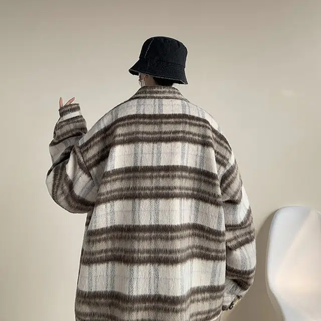 佐菲利 重磅毛呢格子外套美式撞色翻领工装夹克潮牌小香风情侣上衣大衣 男女同款