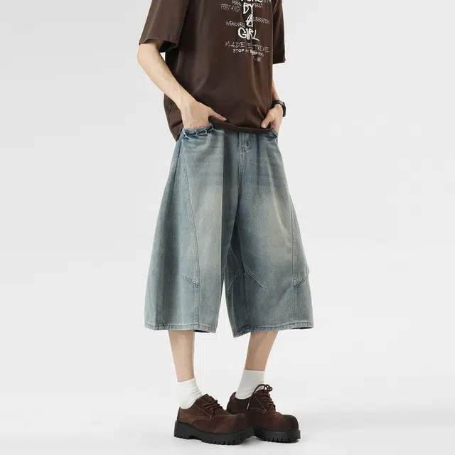 佐菲利 美式解构弯刀七分裤夏季宽松复古高级感直筒百搭阔腿牛仔短裤 男女同款