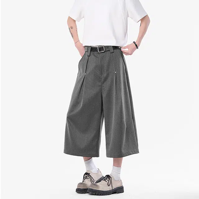 佐菲利 美式褶皱设计感西裤小众高街痞帅纯色廓形垂感显瘦七分裤休闲短裤 男款